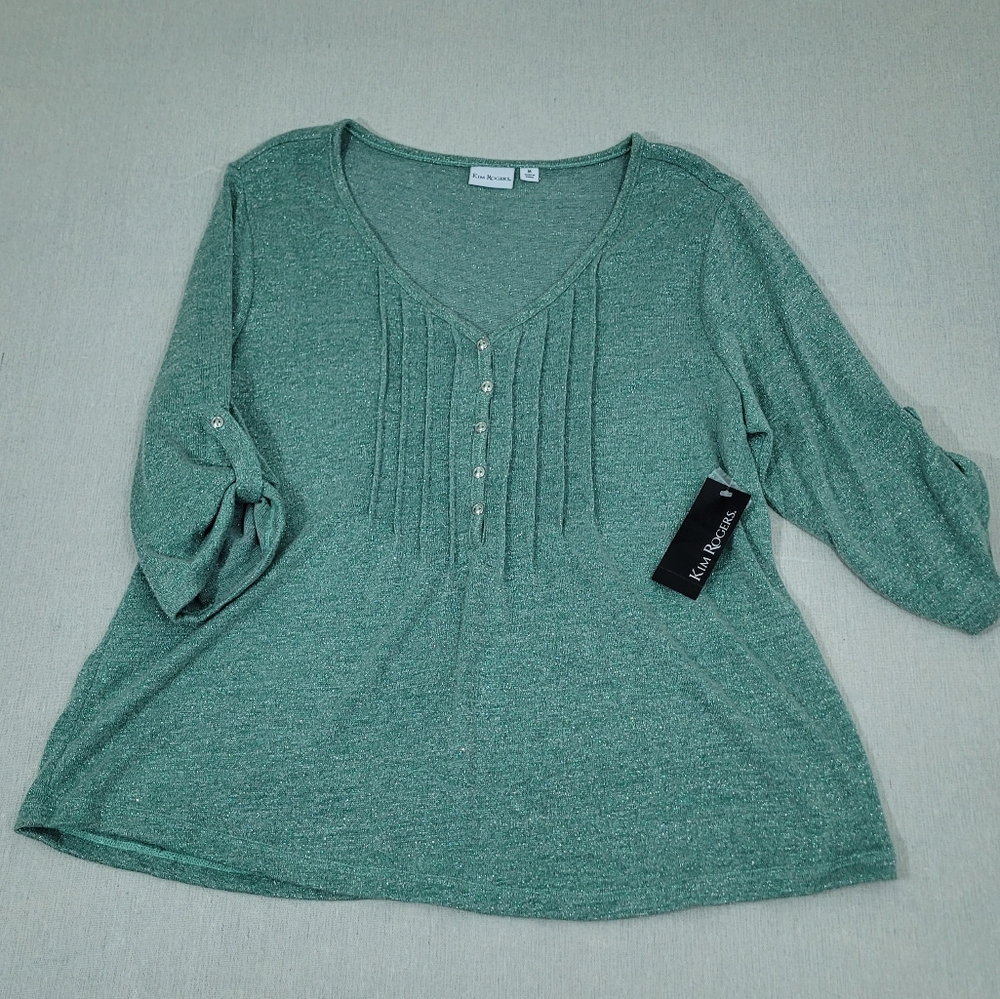 NEW Kim Rogers Women's Size Medium Metallic Glittery Green Soft-Stretchy Rayon